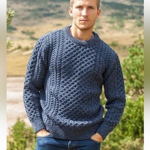 Men's Blue Cable Knit Crewneck Sweater